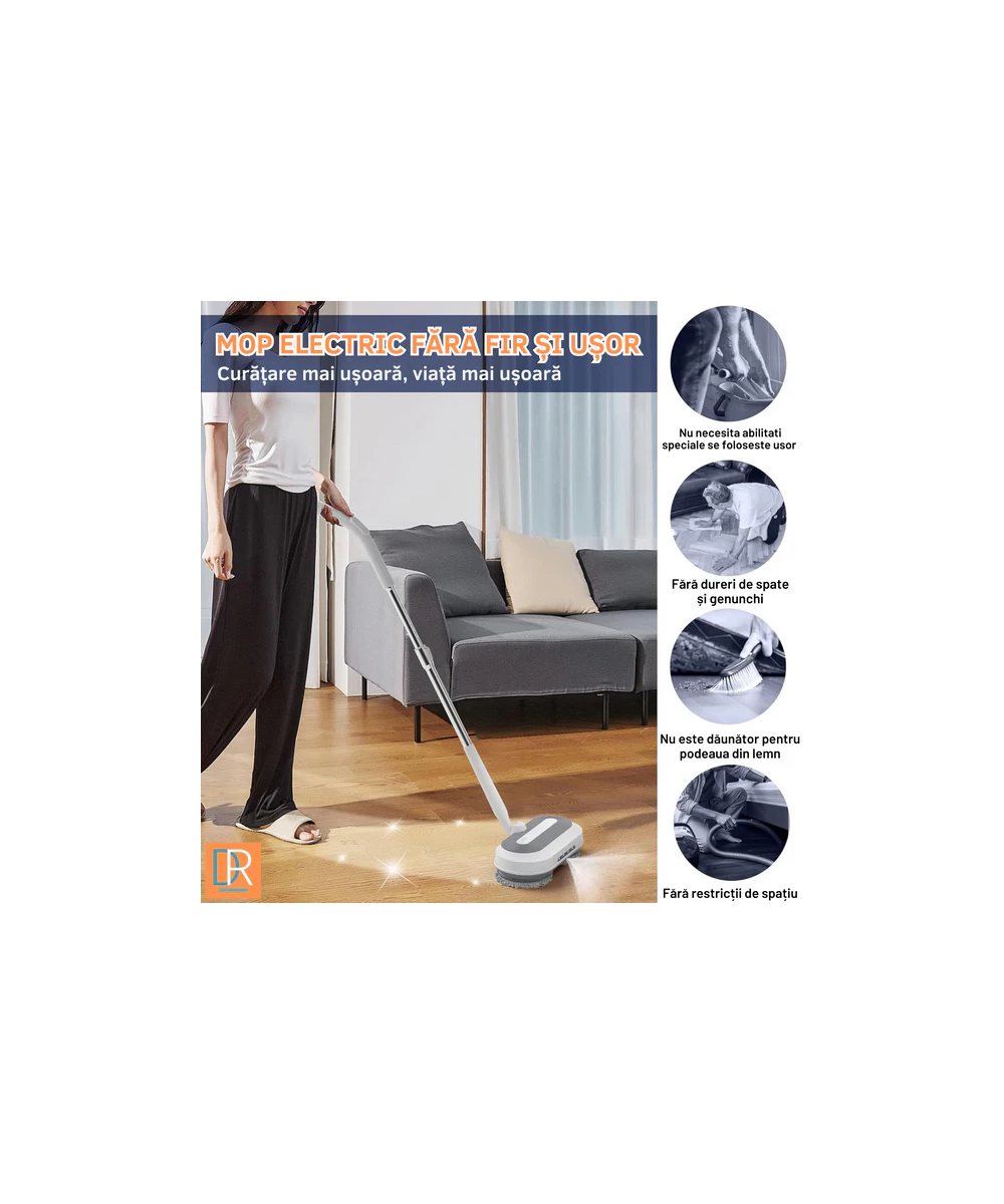 Mop Electric Rotativ cu Pulverizator și LED - Curățenie Fără Efort