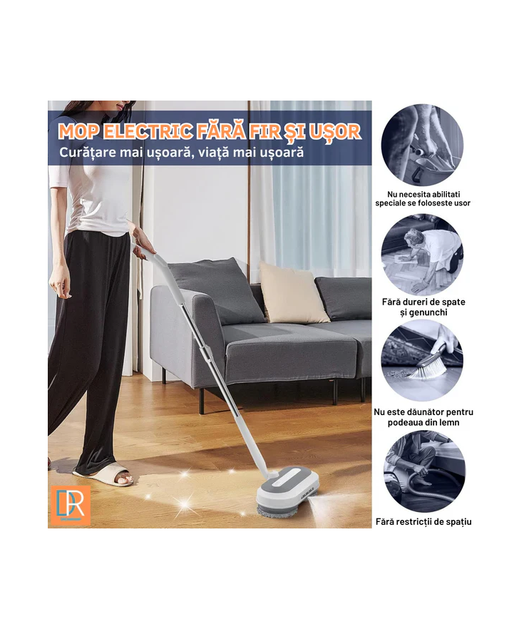 Mop Electric Rotativ cu Pulverizator și LED - Curățenie Fără Efort