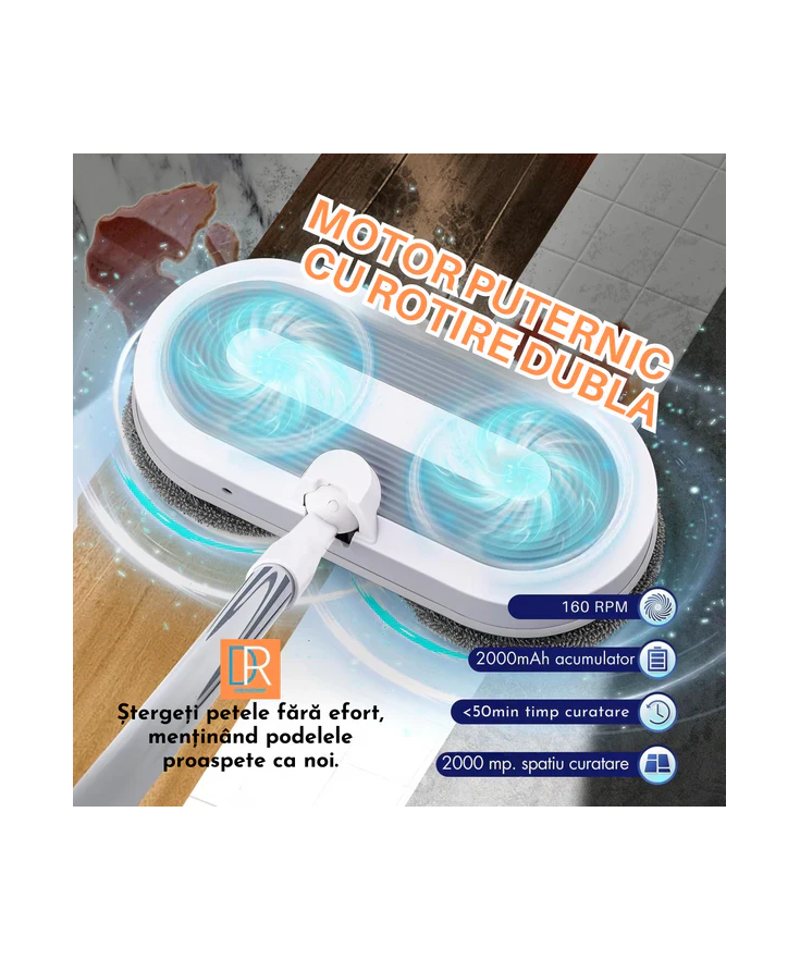 Mop Electric Rotativ cu Pulverizator și LED - Curățenie Fără Efort