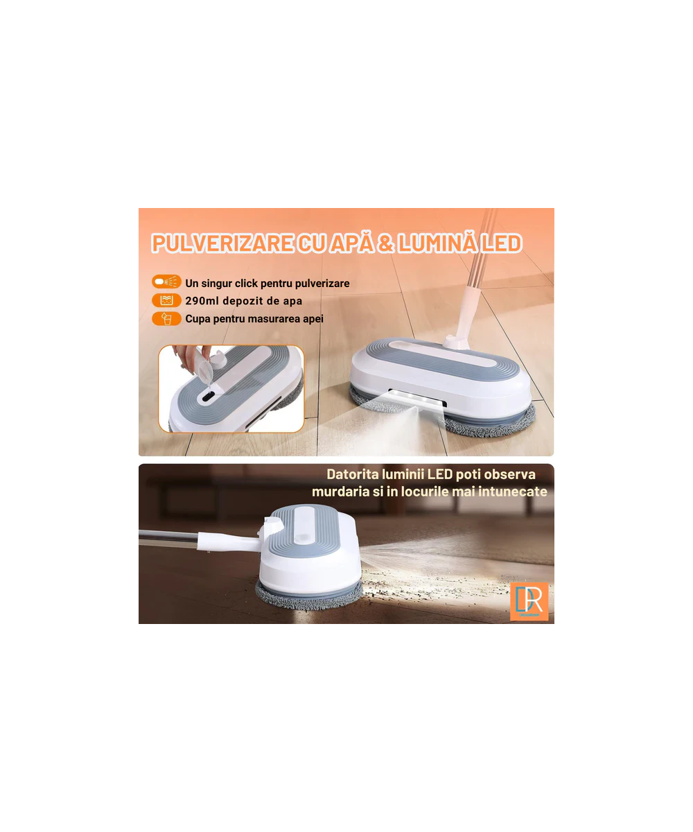 Mop Electric Rotativ cu Pulverizator și LED - Curățenie Fără Efort