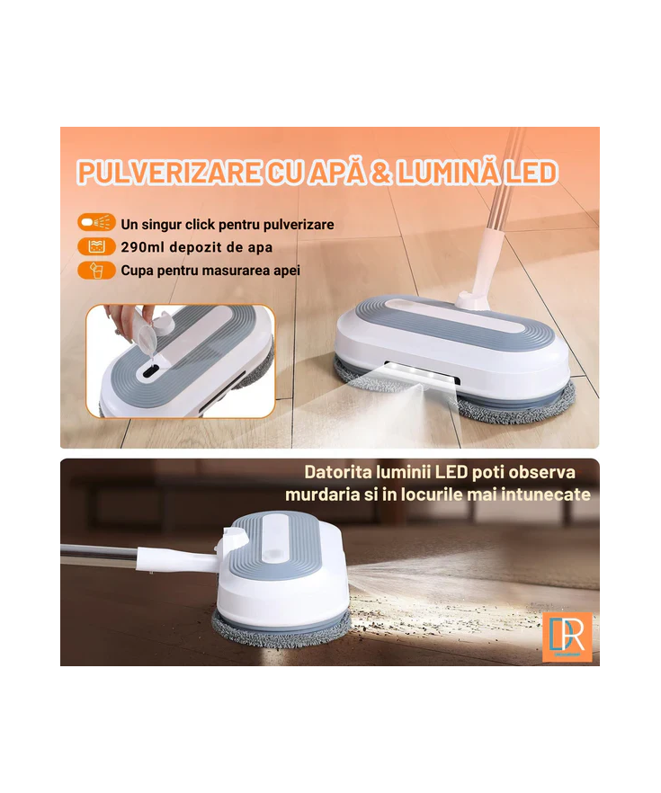 Mop Electric Rotativ cu Pulverizator și LED - Curățenie Fără Efort
