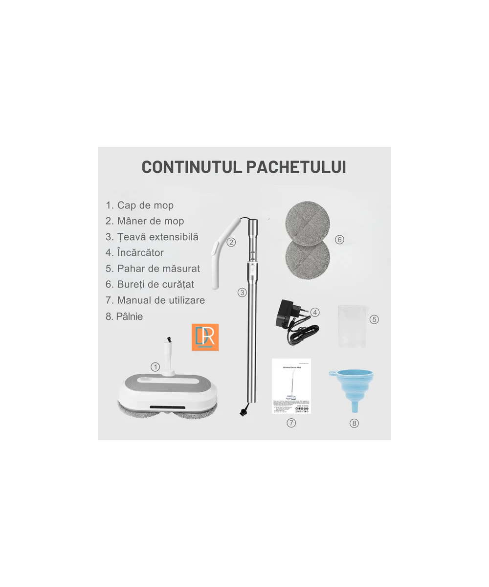 Mop Electric Rotativ cu Pulverizator și LED - Curățenie Fără Efort