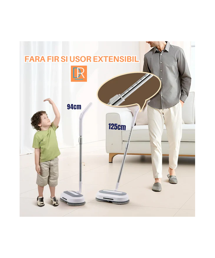 Mop Electric Rotativ cu Pulverizator și LED - Curățenie Fără Efort