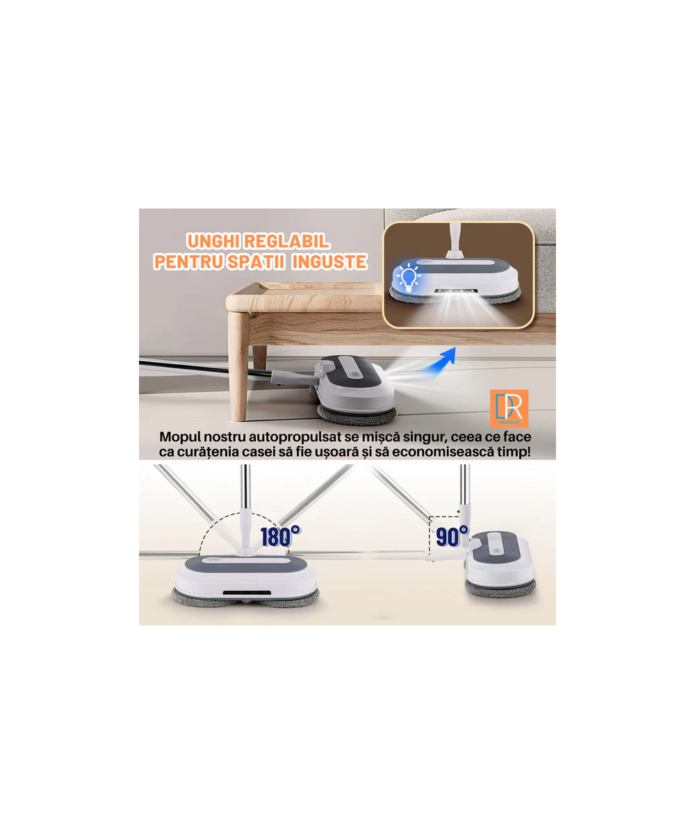Mop Electric Rotativ cu Pulverizator și LED - Curățenie Fără Efort