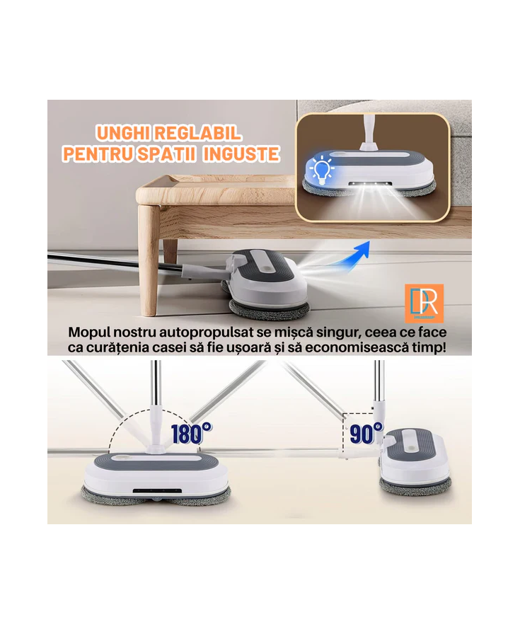 Mop Electric Rotativ cu Pulverizator și LED - Curățenie Fără Efort