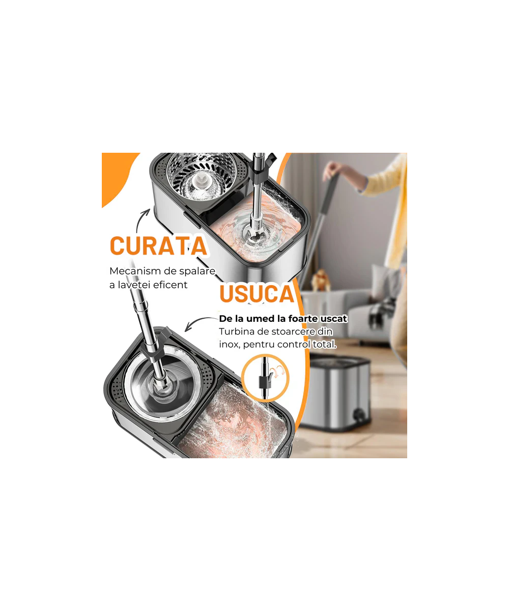 Mop Rotativ Dreamrampr din Inox Antibacterian - Găleată pe Roți