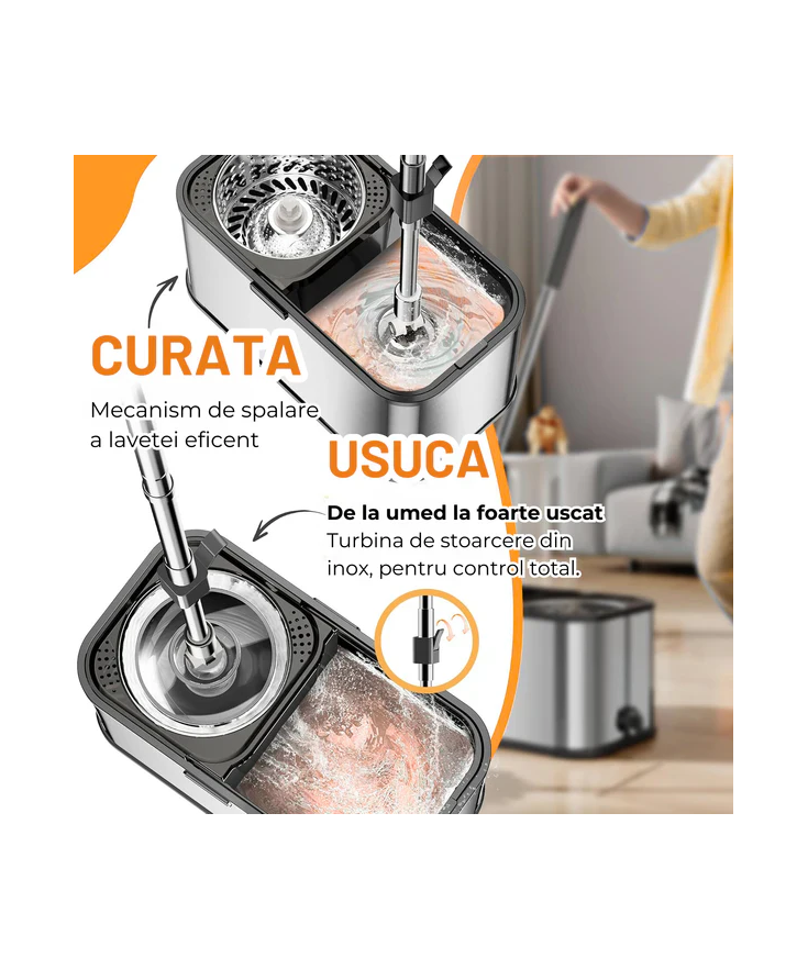 Mop Rotativ Dreamrampr din Inox Antibacterian - Găleată pe Roți