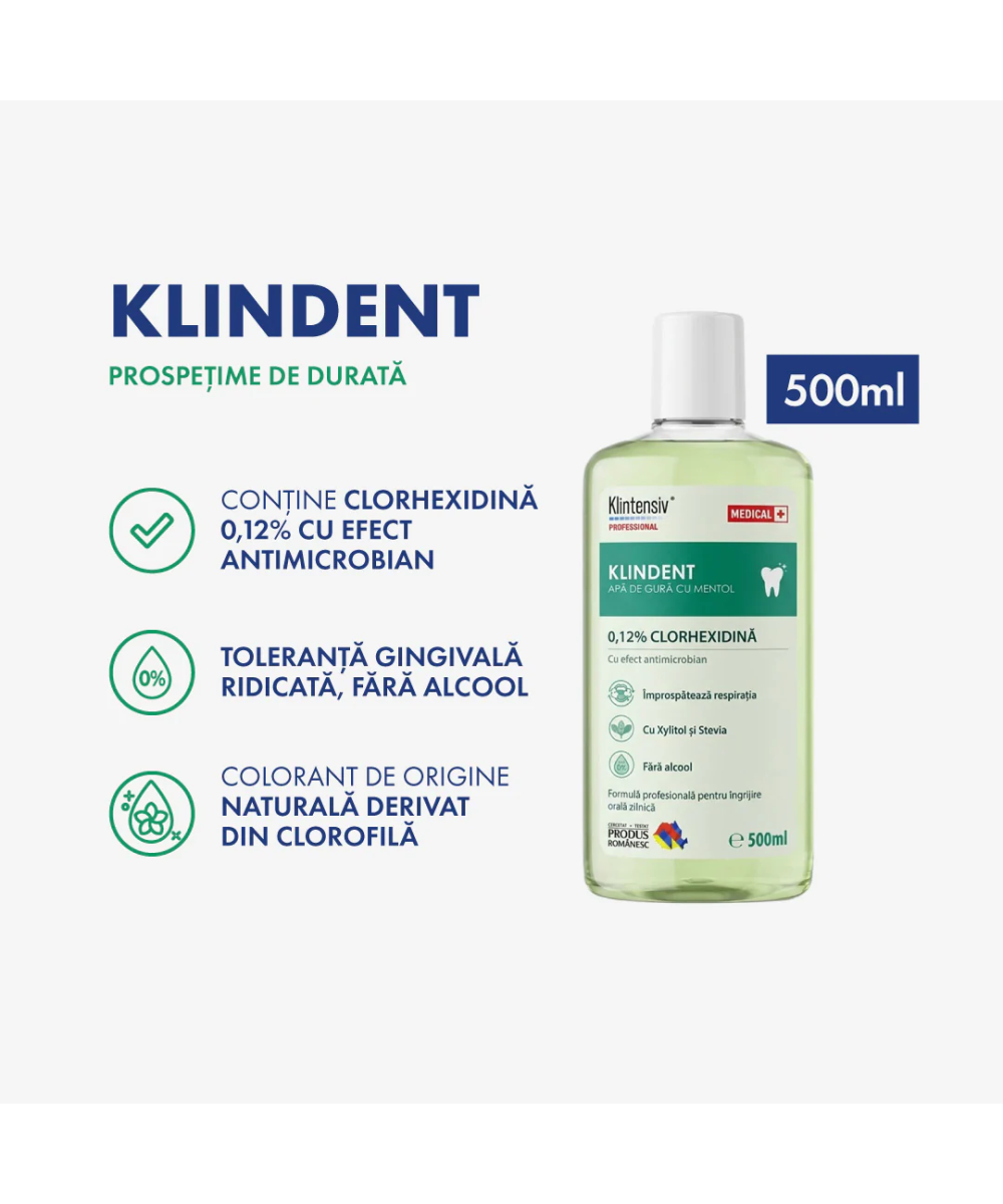 Apă de gură Klindent 0.12% Clorhexidină - Antiseptică, 500ml | Socoro
