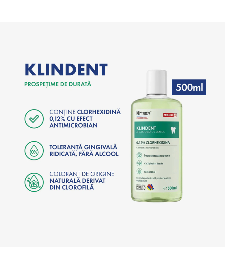 Apă de gură Klindent 0.12% Clorhexidină - Antiseptică, 500ml | Socoro
